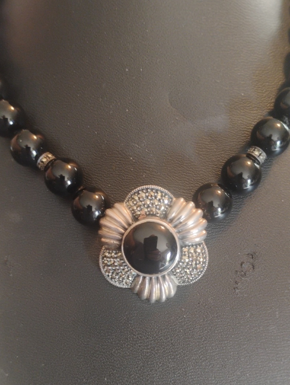 JUDITH JACK Sterling Silver 925 MARCASITE ONYX Gemstone Pendant Necklace 16.5"